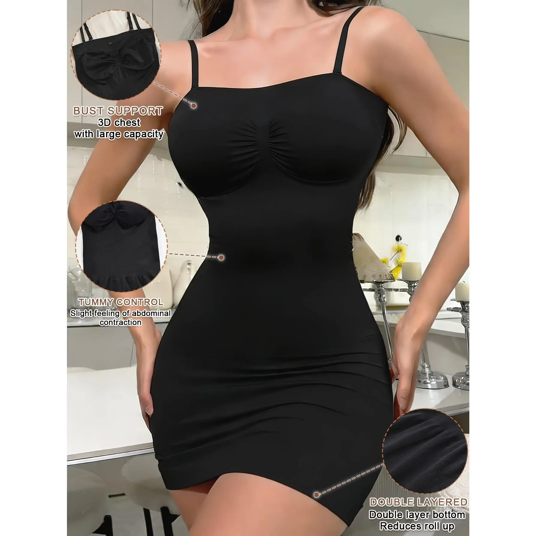 Women's Square Neck Plain Elegant Fabric Posture-Supporting Tummy Control A-Line Mini Slip Dress - Smooth Texture, Formal Events, Weddings, Multi-Color Options,hill,house,sun,summer,outfits
