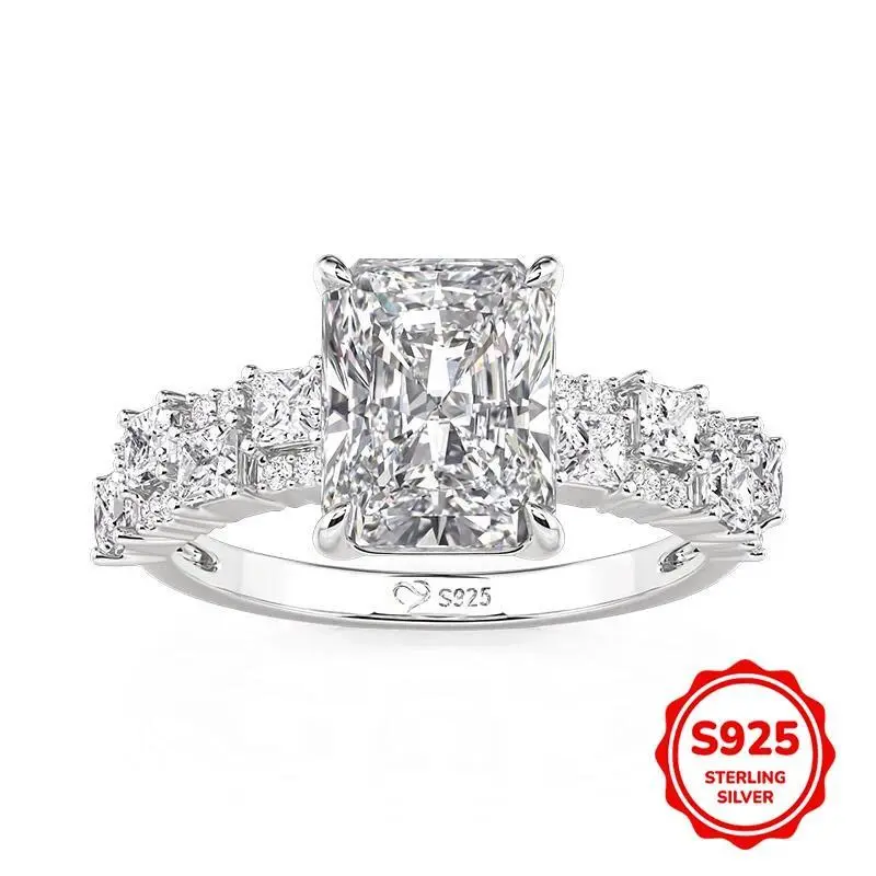 Full Moissanite Engagement  with Tapered Baguette Shape Diamond S925 Silver Wedding  for Women promise gf