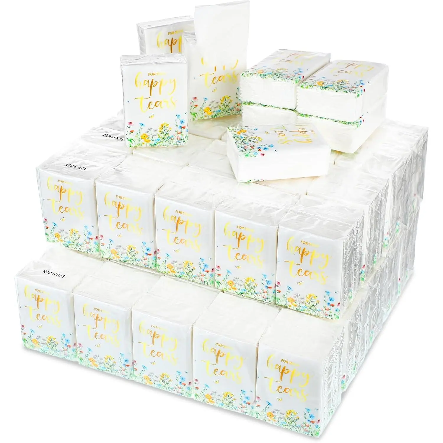 100 Pack For Your Happy Tears Wedding Tissues for Guests 3 Ply Pocket Size, Individual Travel Facial Tissue Packs for Wedding Party Favors(Stylish)