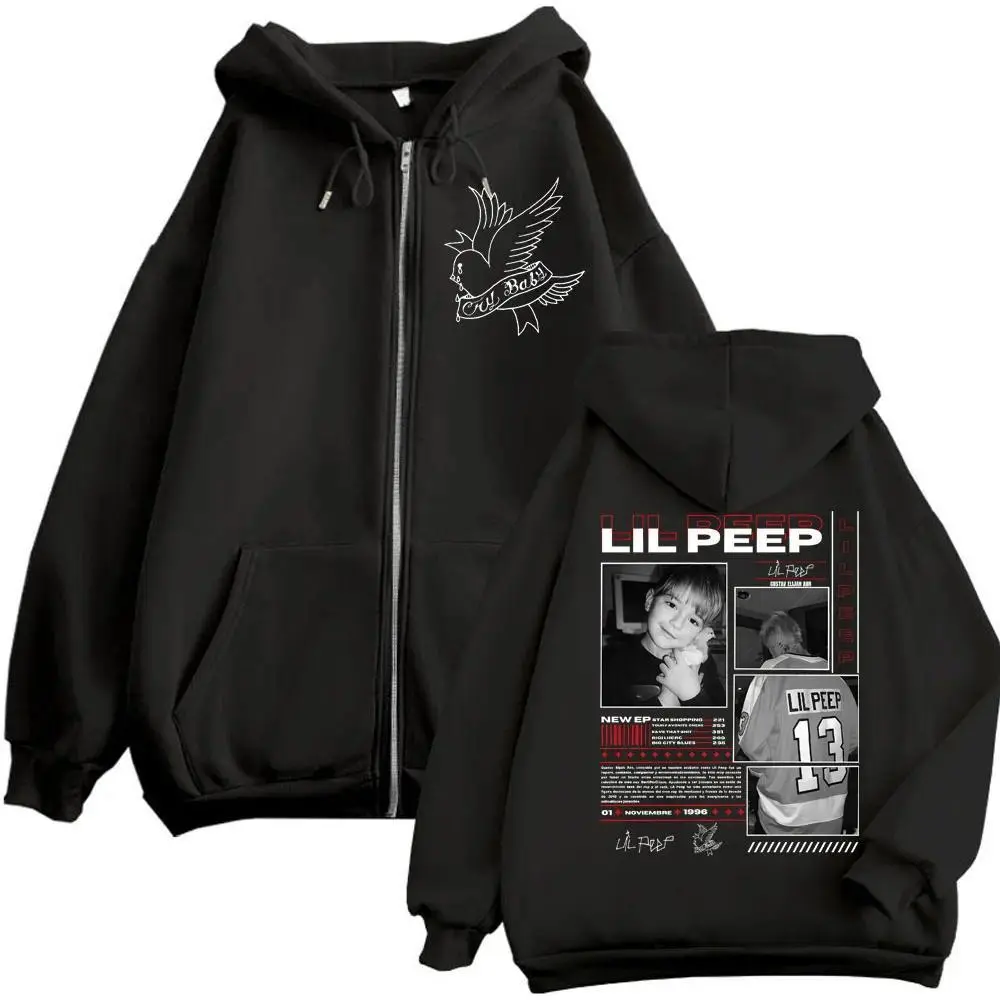 Women's Chic Plain Polyester Rapper Lil Peep Merch Zipper Hoodies, Long-Sleeve Tops, Vintage Hip Hop Zip-Up Casual Sweatshirts