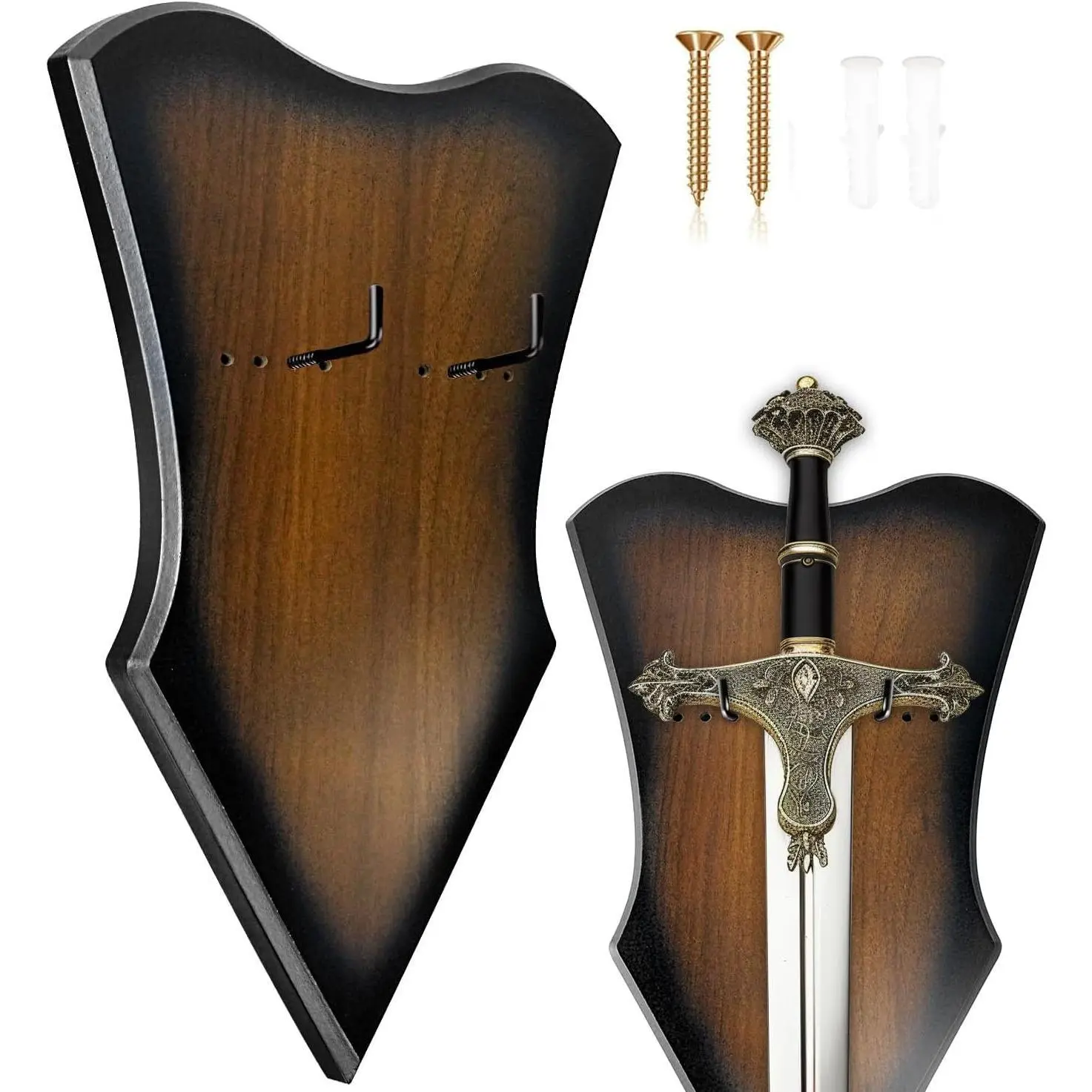 Sword Plaque Wall Mount Vertical Display Holder Adjustable Stand for Bow Medieval Dagger Axe (1pcs Large Brown)