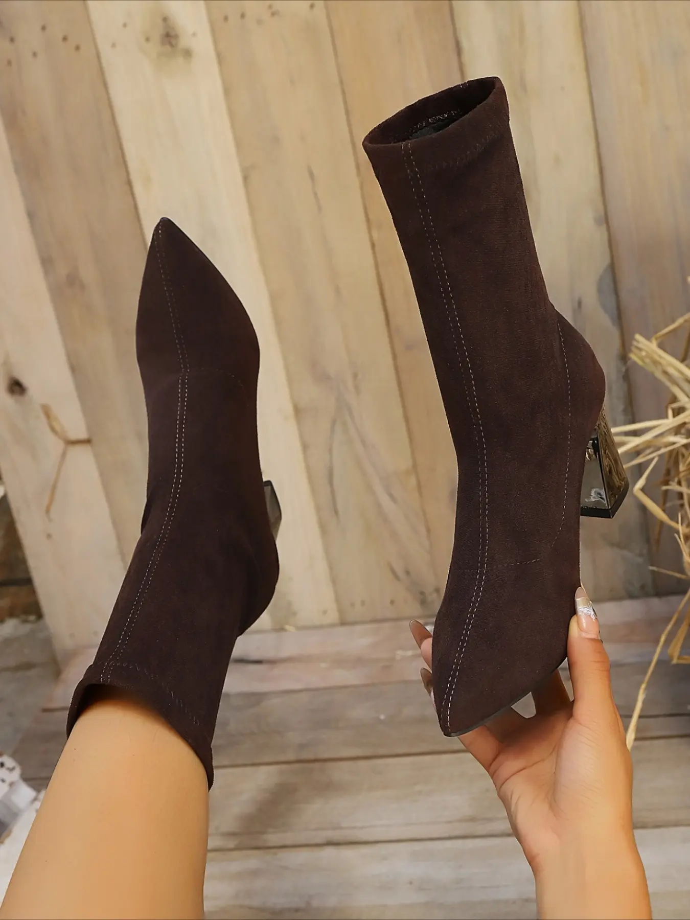 Pointed toe block heel stretch ankle booties, pull-on slim fitted sock boots, elegant women boots ideal for autumn and daily fashion matching.