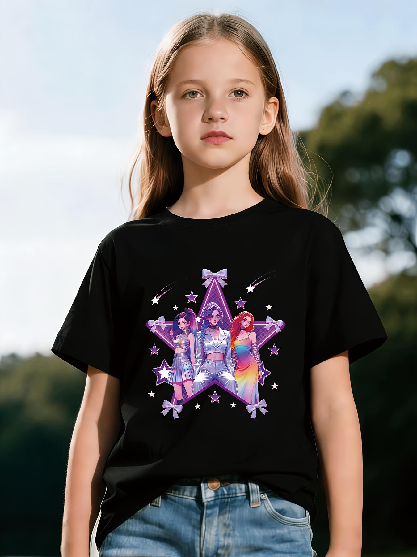 1Fashion K-Pop Style Girls' Boys' T-Shirt |   Anime Style Three Female Characters Design With Shiny Purple Star Background And Metallic Letter Print, Ideal For Summer Casual Wear, Perfect Christmas, Birthday, Party Gift