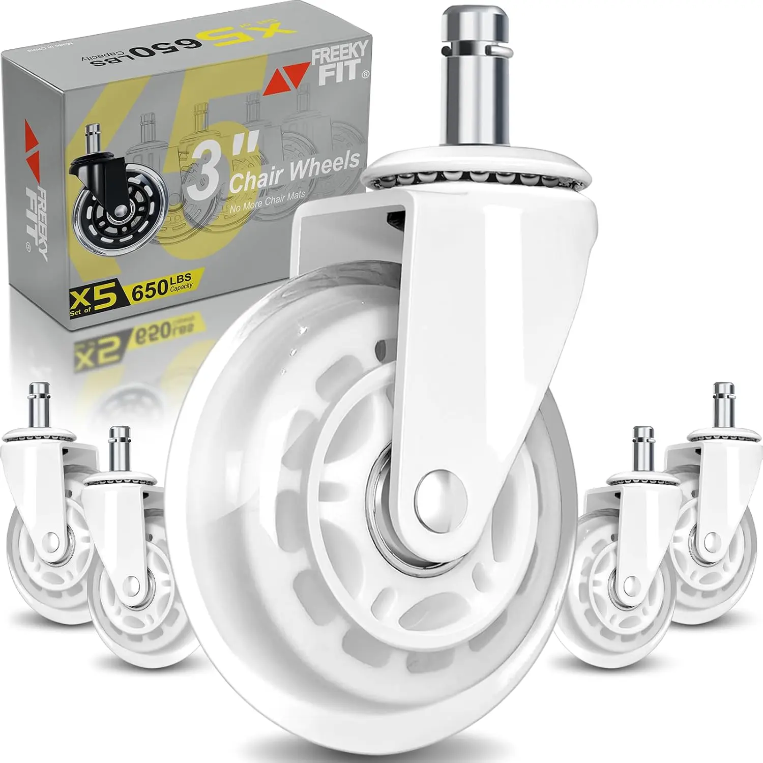 Office Chair Wheels for Casters - 3" Wheels for Computer Gaming Desk Caster & Safe Rolling for All Floors Including and Carpet - Set of 5 - White
