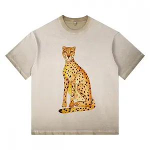 Washed Short-Sleeve T-Shirt with Minimalist Cheetah Portrait Graphic