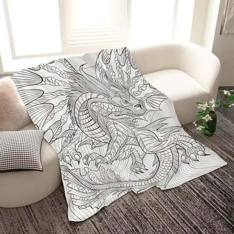 Healing-Style Hand-Painted Oriental Divine Dragon Coloring Flannel Blanket, Adult Stress-Relief DIY Coloring Throw Blanket, Warm Nap Blanket for Home and Office, Creative Artistic Printed Blanket, Decorative Throw Blanket for Bedroom and Sofa