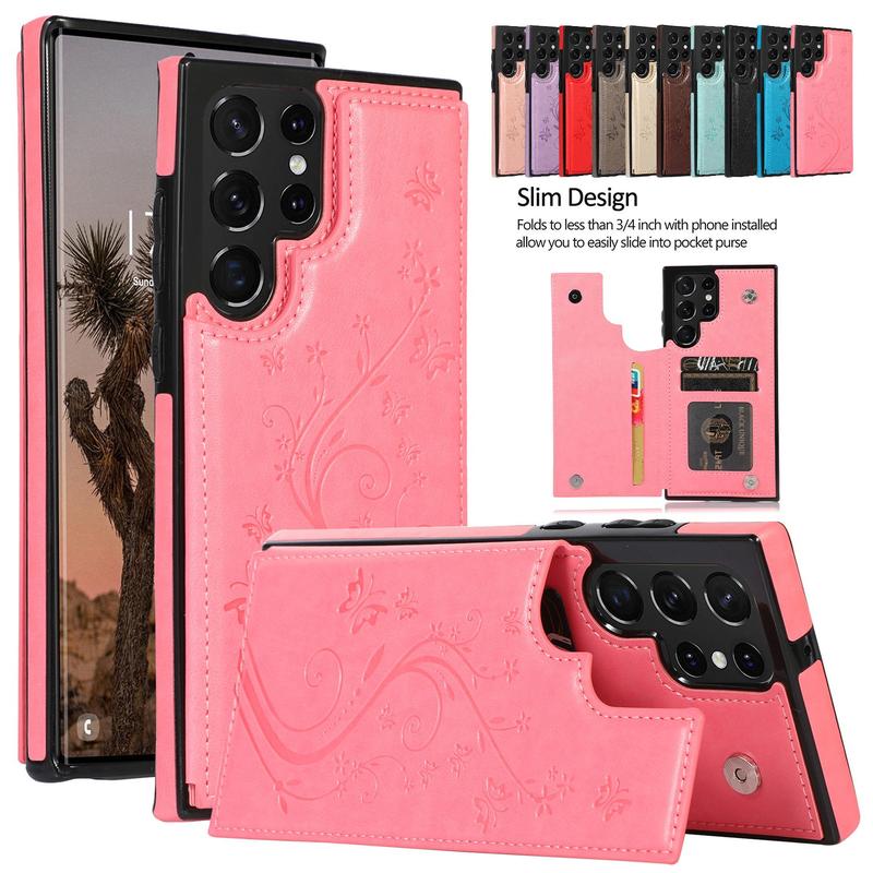 HISTORYOO For Samsung S25 Ultra S24 Plus S23 FE S22 Case Soft PU Leather Retro Embossed Butterfly Flower Shockproof Wallet Double Magnetic Clasp Protective Flip Fold Stand with 3 Card Slots Pocket Women Soft Folio Cover For Mom