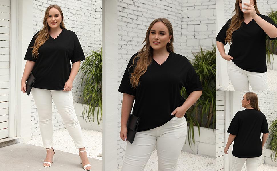 【1XL-5XL】Plus Size Curve Imily Bela Curve Women's V Neck T Shirts Summer Half Sleeve Tees Casual Loose Fit Cotton Tunic Tops