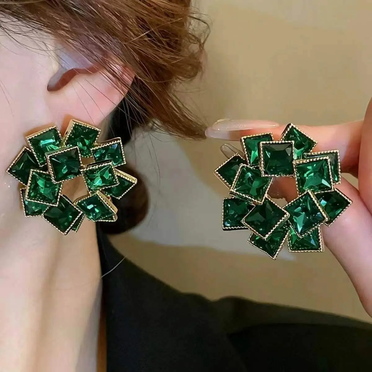 Female Square Stud Earrings - Retro Multi-layered Design with Brilliant Mellite Imitation Gemstones, Ideal for Women's Party Wear, Natural Crystal Jewelry Accessory, Gemstone Set