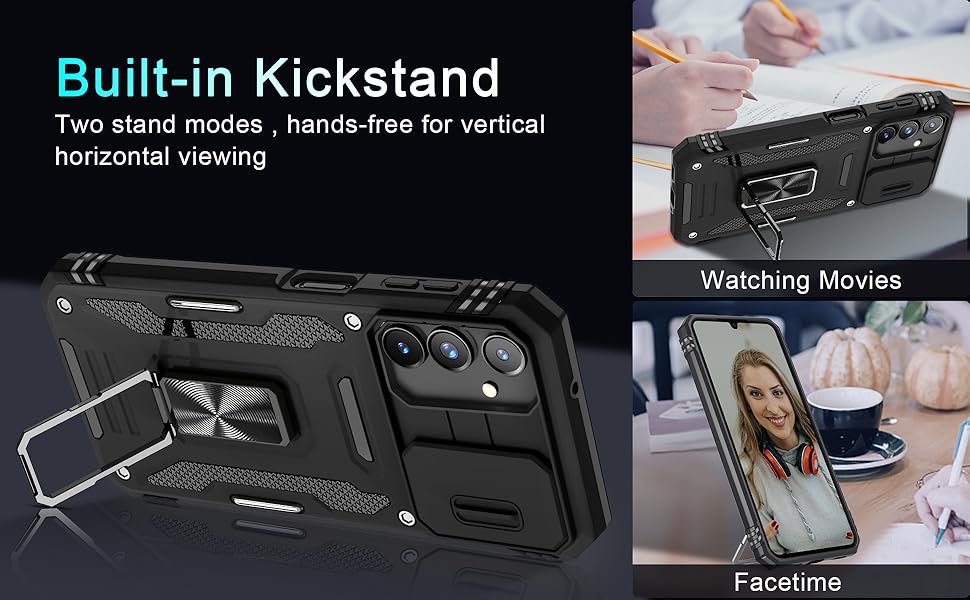 Case for Samsung Galaxy A16 5G with Slide Camera Cover+Screen Protector (1 Pack), Rotated Ring Kickstand Military Grade Shockproof Protective Cover-Black