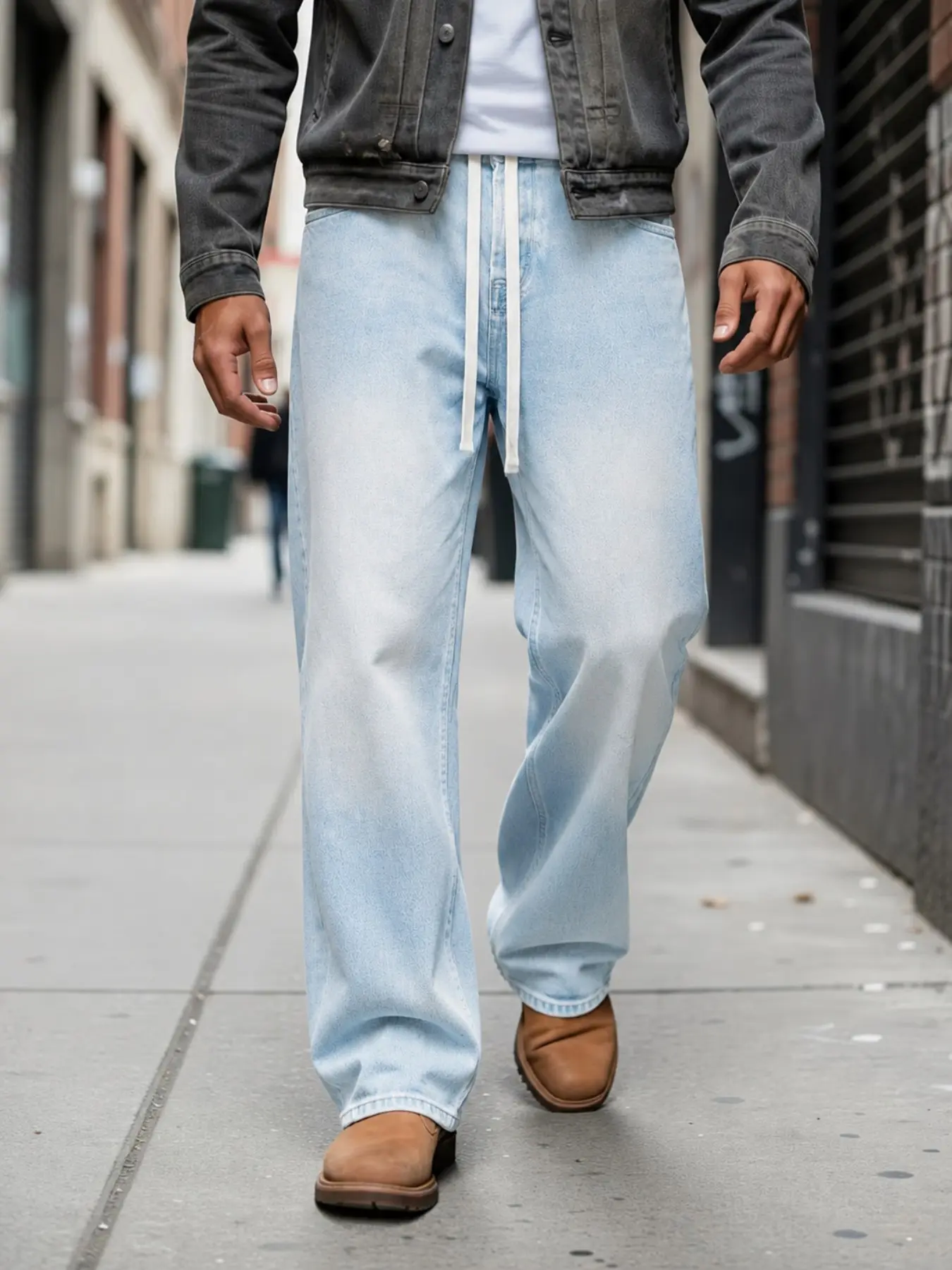 Men’s Charcoal Gray Washed Jacquard Jeans with Drawstring Waist, Baggy Wide Leg Casual Streetwear Denim Pants