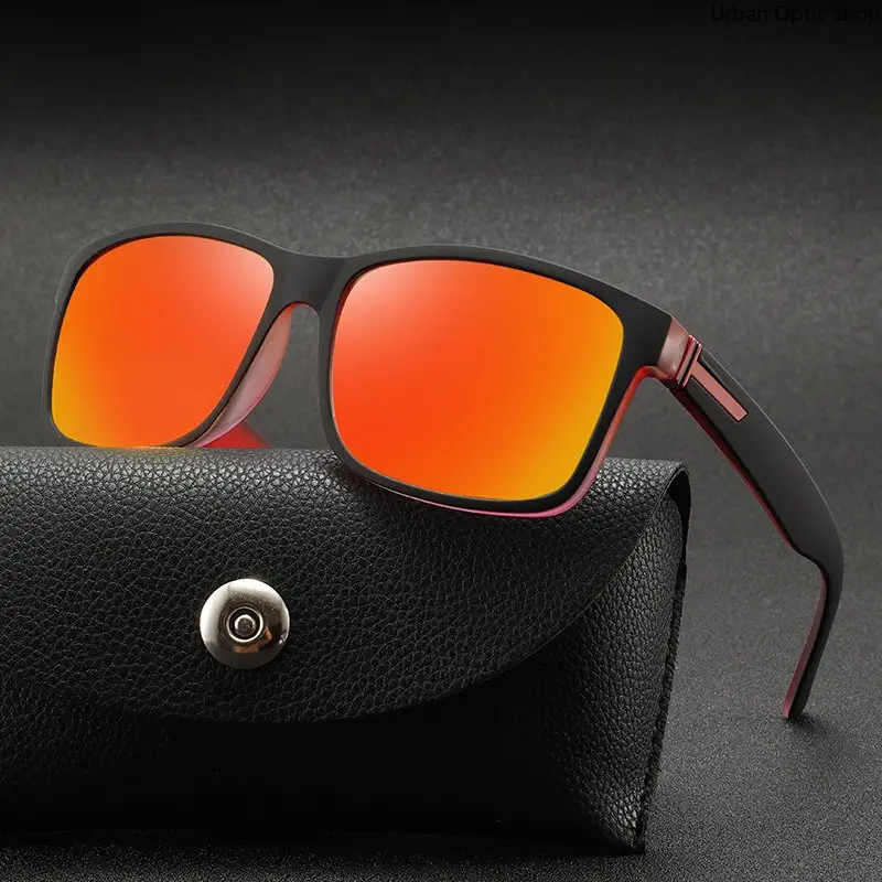 XUH Vintage Square Polarized Sunglasses for Men & Women, Red Orange Mirrored Lenses Black Frame with Red Trim, UV400 Anti-Glare Sun Glasses for Driving Fishing Outdoor Daily Wear
