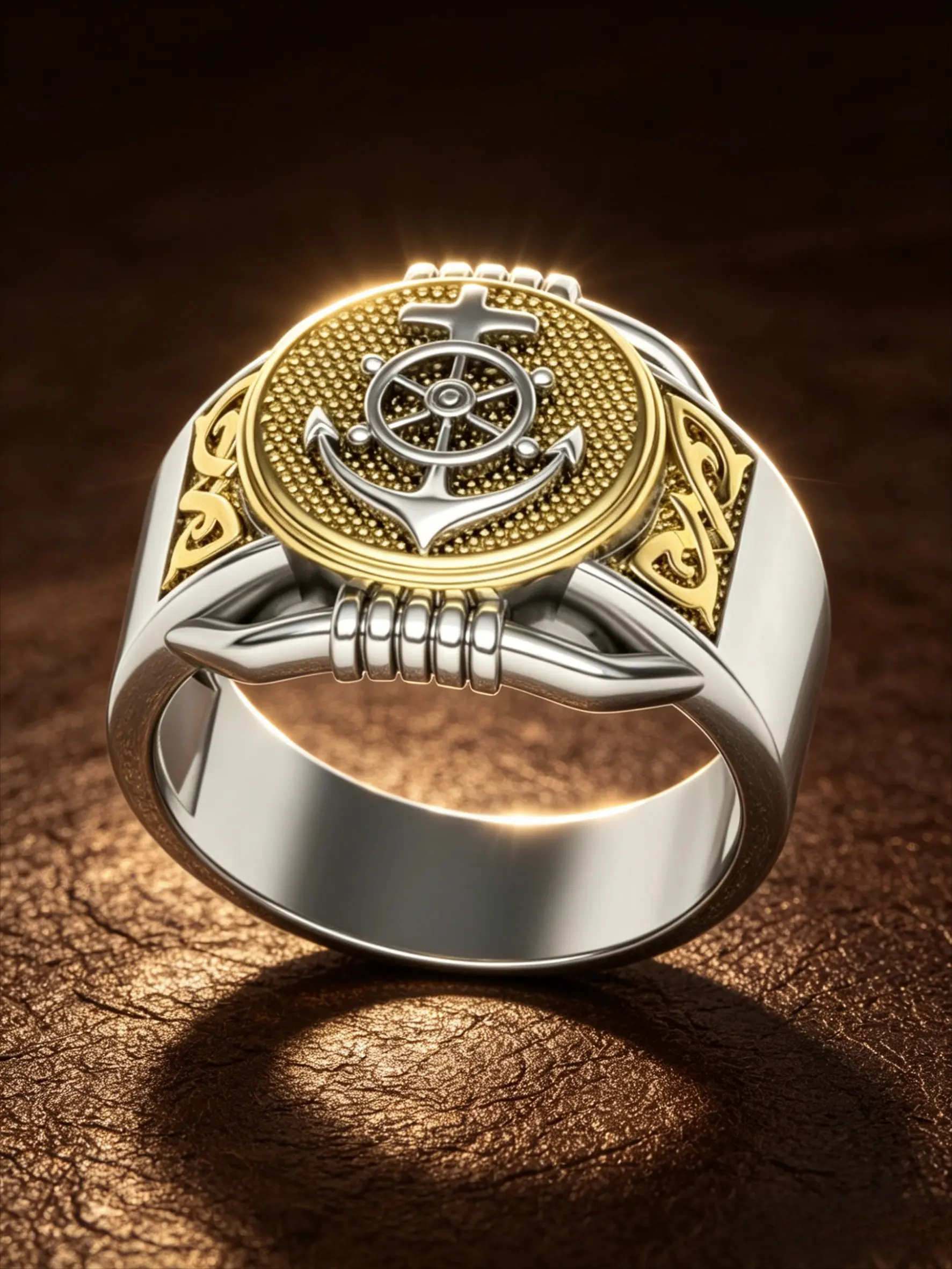 Vintage Nautical Wide Signet Ring For Him Her, Two-Tone Polished Silver Gold Plated Band With 3D Anchor Ship Wheel Cross Motif, Scroll Engraved Side Detail Faith Statement Jewelry, Baptism Birthday Anniversary Gift For Christian Sailor Boyfriend Husband