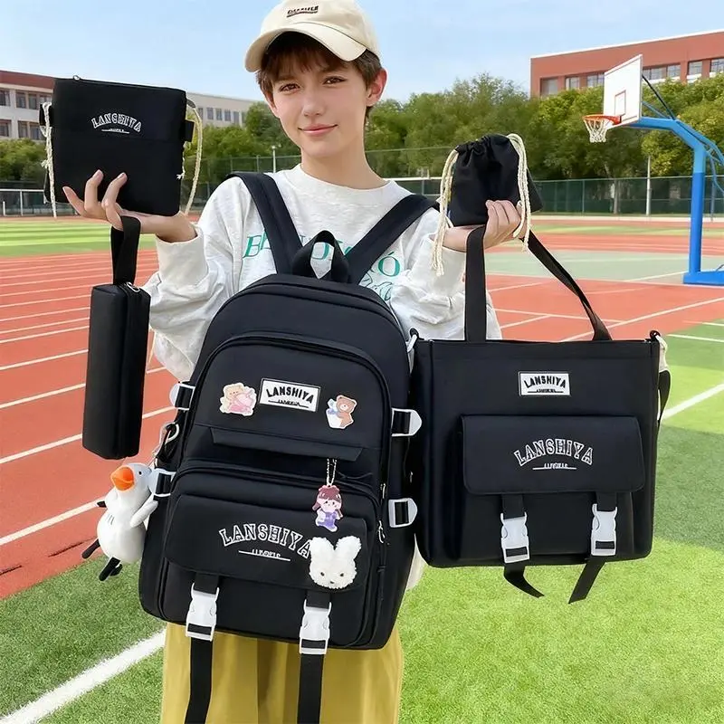 5Pcs College Style Nylon Backpack Set, Multi Pocket School Bag with Pendant, Large Capacity Rucksack for Teen Students Daily Use