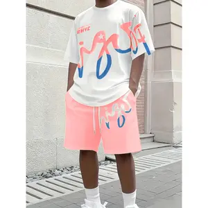 Summer Dopamine Men'S Casual Set 2pcs, Trendy Print Design, Suitable for Campus Outfits And Outdoor Travel, Daily Outings, Super High Turnaround Rate
