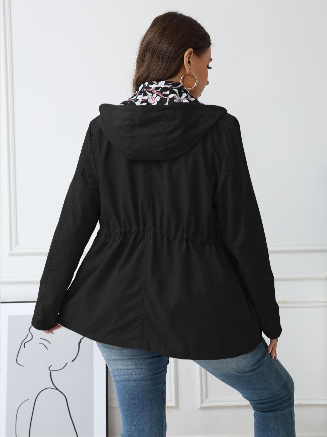 Giolshon Women's Plus Size Autumn Winter Reversible Jacket, Fashionable Hooded Windbreaker for All Seasons, Comfortable Business Casual Outerwear