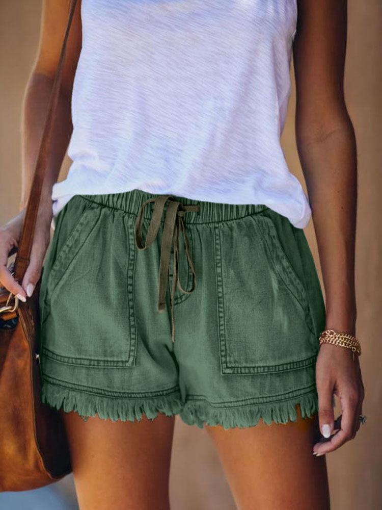 Elastic Waist Drawstring Denim Shorts for Women Summer Casual Loose Frayed Hem Jean Shorts with Pockets
