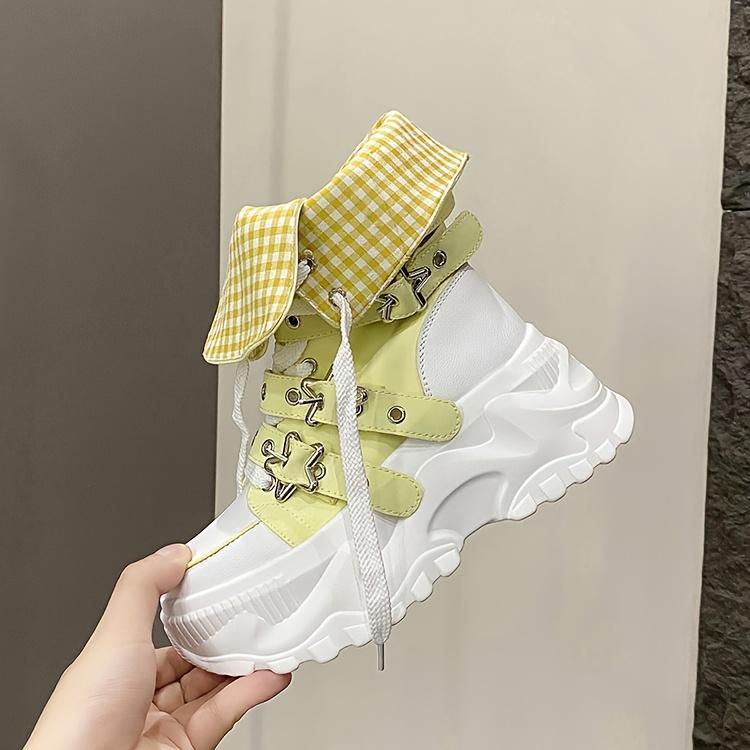 Chunky Platform Thick-Sole Height Increase 1.38 1.97 Lift Lace-Up Round-Toe All-Season All-Terrain Traction Low Heel Rubber Sole Fabric Upper Casual Athletic Wear Brown Black Easy-Clean Hand Washable