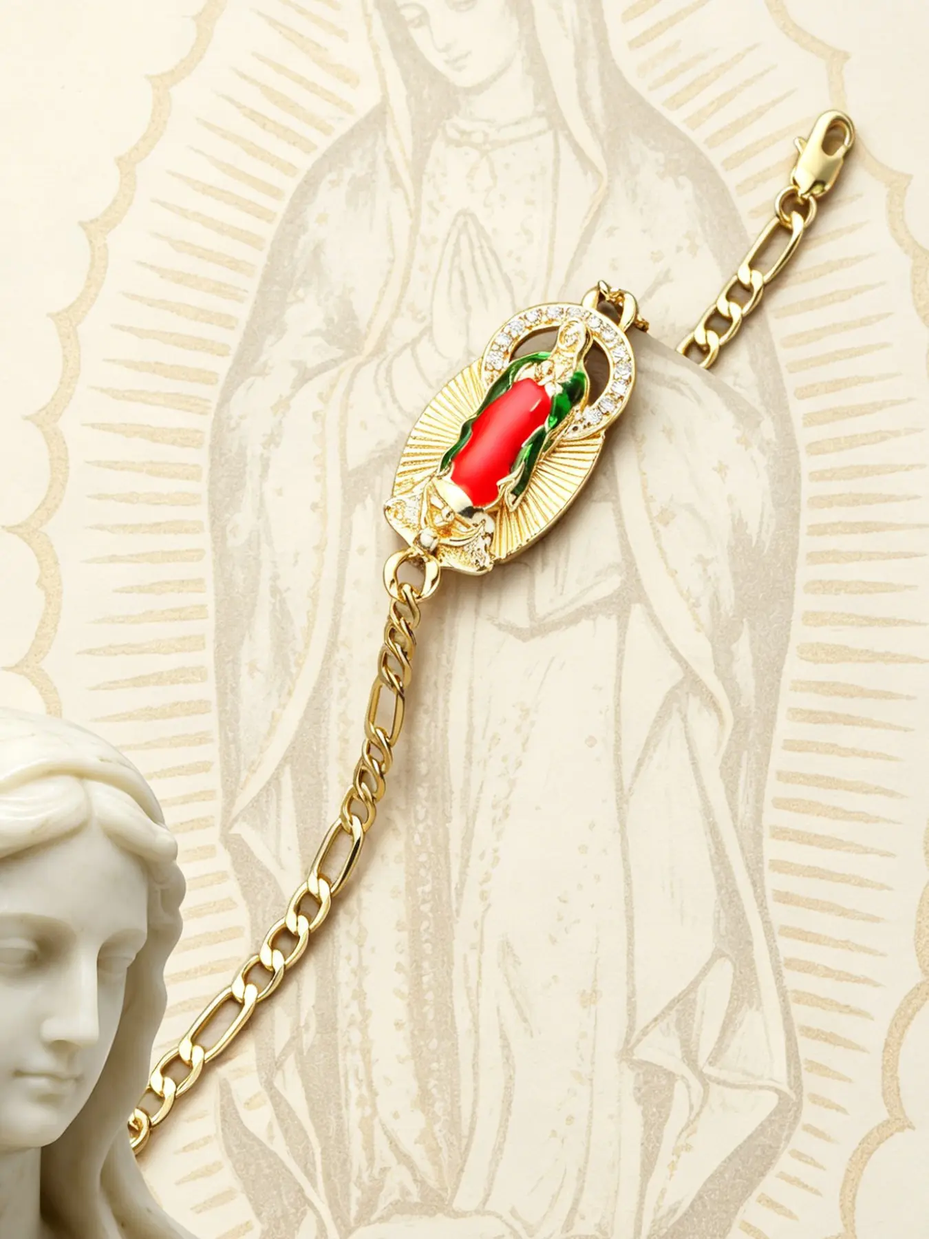 1 Piece Virgin Mary Madonna Bangles, Copper Bracelet for Women, Catholic Jewelry with Zircon&Enamel Inlay, Mexican Style Our Lady of Guadalupe Link Chain Bracelet, Spiritual Wristband, Daily Wear/Christmas Gift, Trendy Faith-Inspired Accessory