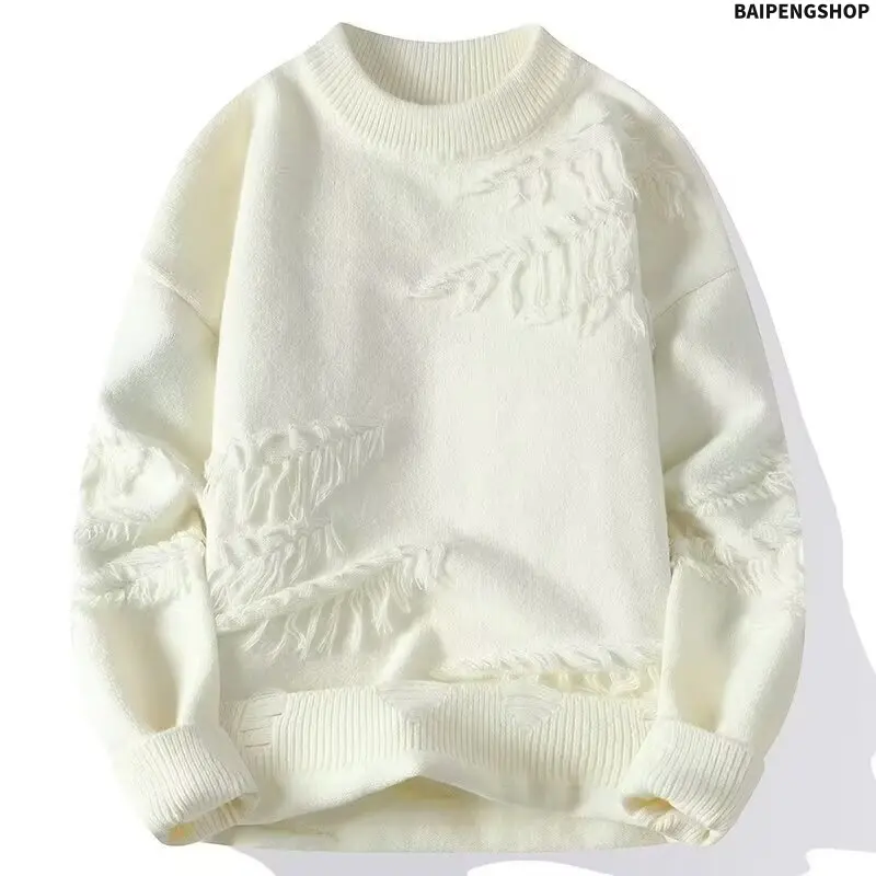 Unisex Vintage Ripped Pullover Sweater, Distressed Knitwear with University Embroidery, Relaxed Fit Long Sleeve Streetwear Top, Longsleeves