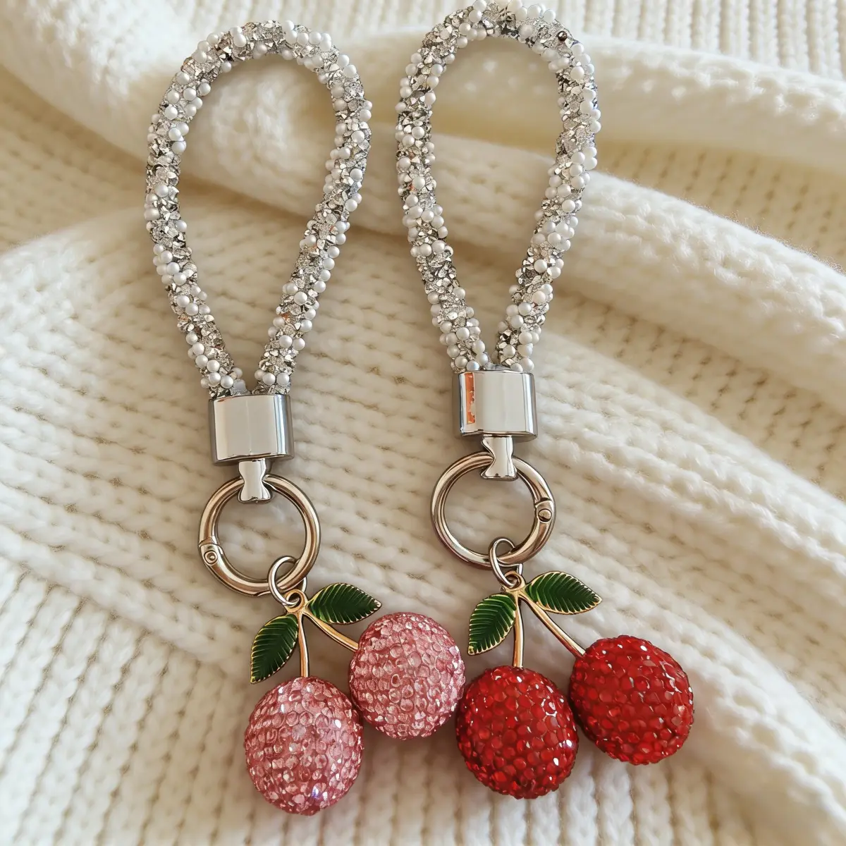 Keychains for Women, Sparkling Crystal Cherry Charm with Bow, Cute Bling Pendant for Handbags, Backpacks, and Car Keys