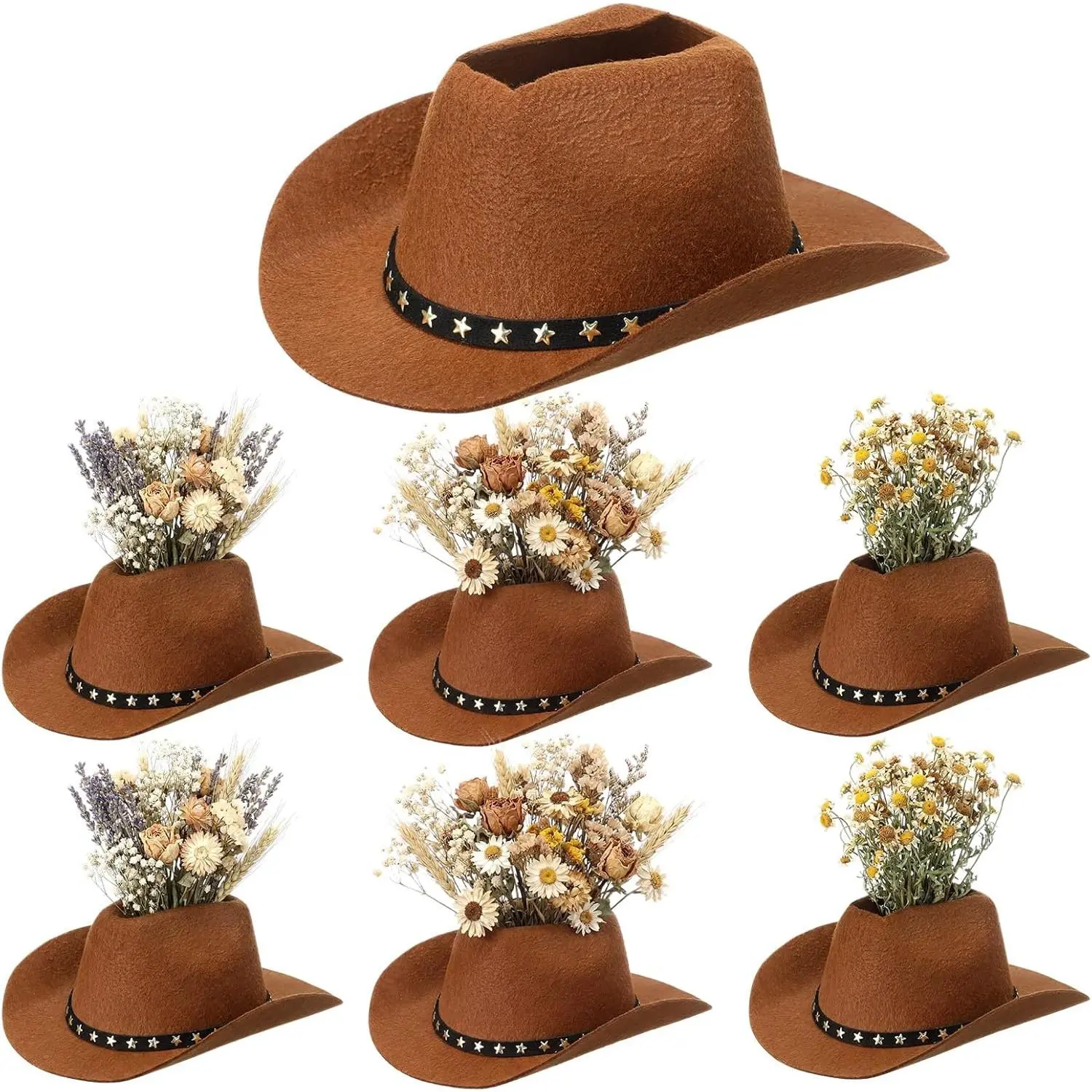 Didaey 6 Pcs Cowboy Hat Flower Vase Western Cowboy Party Table Centerpiece for Artificial Flower Cotton Linen Floral Vase with Top Opening Wedding Baby Shower Birthday Party (Star Belt,Brown)