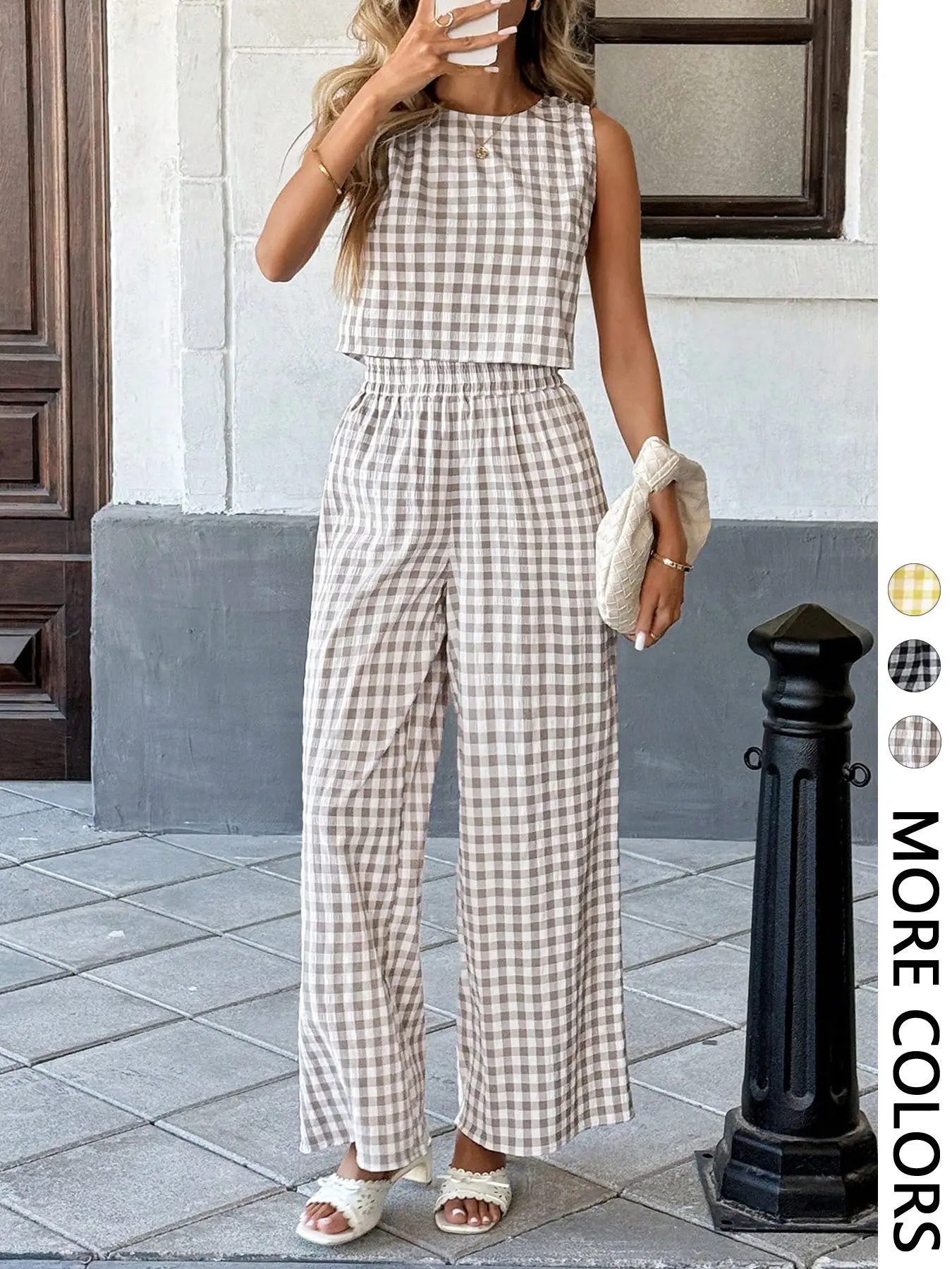 Women's Casual Fashion Vacation Set, Baggy Plaid Sleeveless Vest with Back Buttons and Loose Long Pants Two-Piece Set
