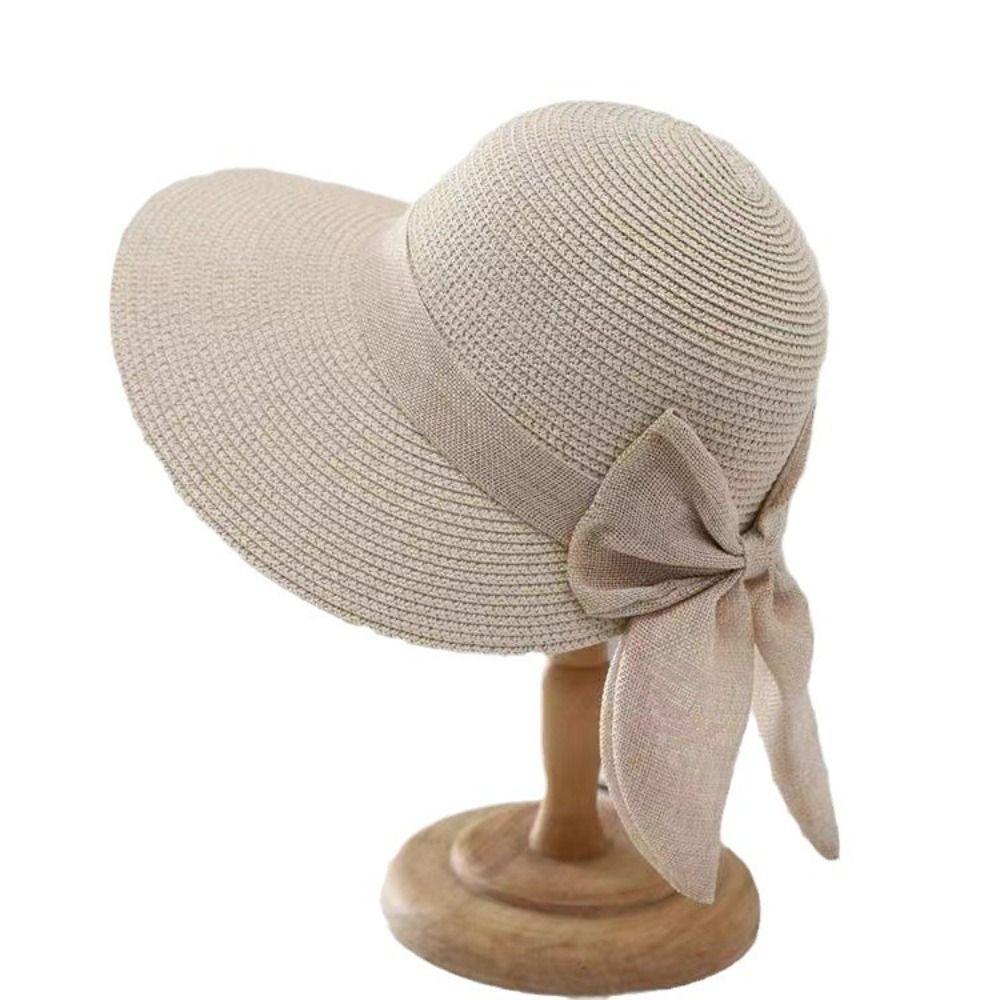 Summer UV Protection Sun Hat Wide Brim Breathable Beach Cap Bowknot Casual Straw Hat for Women