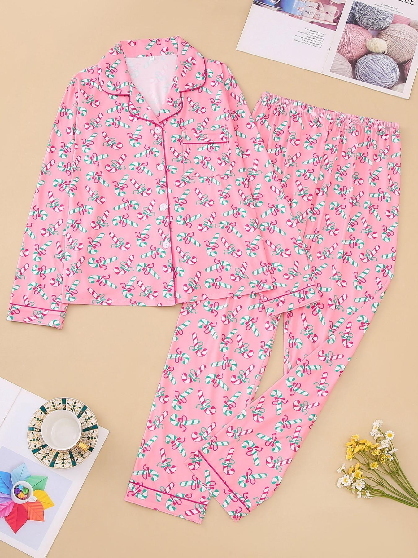 Two-piece Set Women's Christmas Print Button Front Pocket Shirt & Elastic Waist Pants Pyjama, Casual Comfy Long Sleeve Collared Top & Trousers Pyjama Set, Women's Sleepwear Loungewear for Spring & Fall, Pajama Set