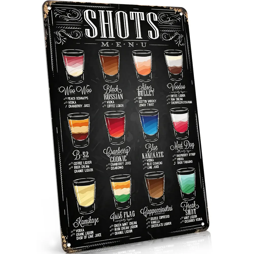 Shots Menu Cocktail Recipe Bar Sign, 8"x12", Rust-Proof Aluminum Metal Sign, Home Bar Wall Decor, Retro Cocktail Guide Art, Vintage Chalkboard Style, For Pub & Game Room Display, Mixology Enthusiasts, Perfect Housewarming Gift
