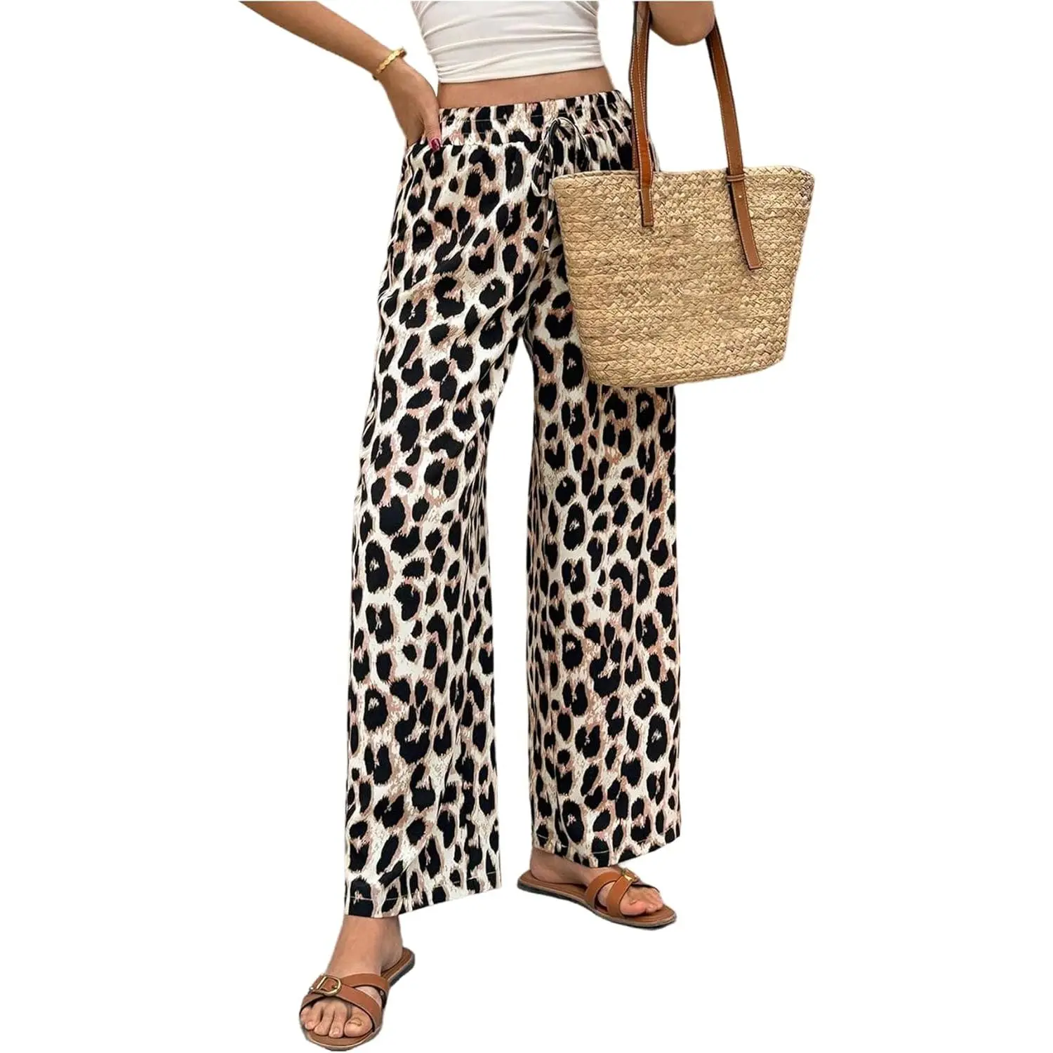 Women's Leopard Cheetah Print Pants Trendy Animal Wide Leg Elastic Waist Drawstring Loose Joggers Pant
