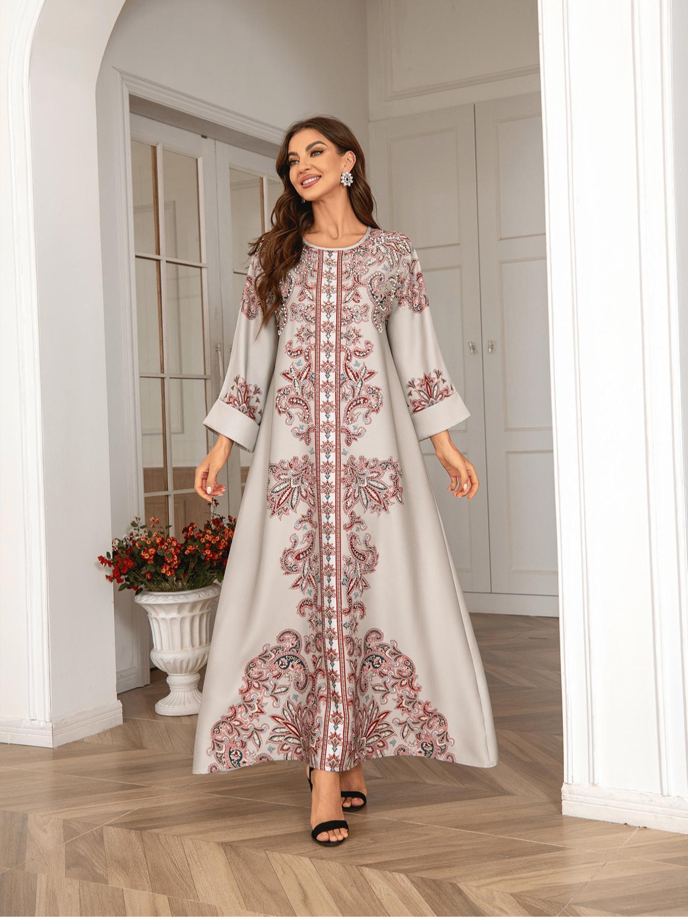 Elegant Boho Muslim Women's Long Robe, All over Print, Loose-Fitting, Round Neck, Flap Sleeves, Long Sleeve, All Seasons