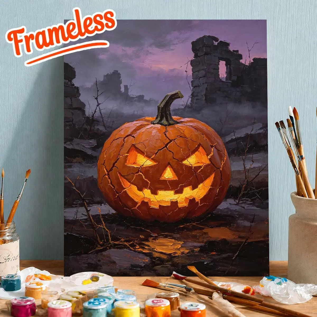 Digital Painting Kit DIY Frameless, Includes Paint, Canvas, Brush, Pumpkin Pattern Art, Ideal for Home Decor, Family Activities, Halloween Decoration