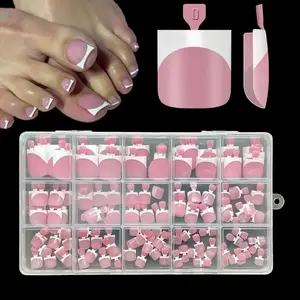 150pcs French Toe Nail Stickers, Fake Toenails, Pre-Designed Square Soft Gel Wide Toe Nail Extensions, Raspberry Acrylic DIY Manicure Kit, 15 Sizes Included
