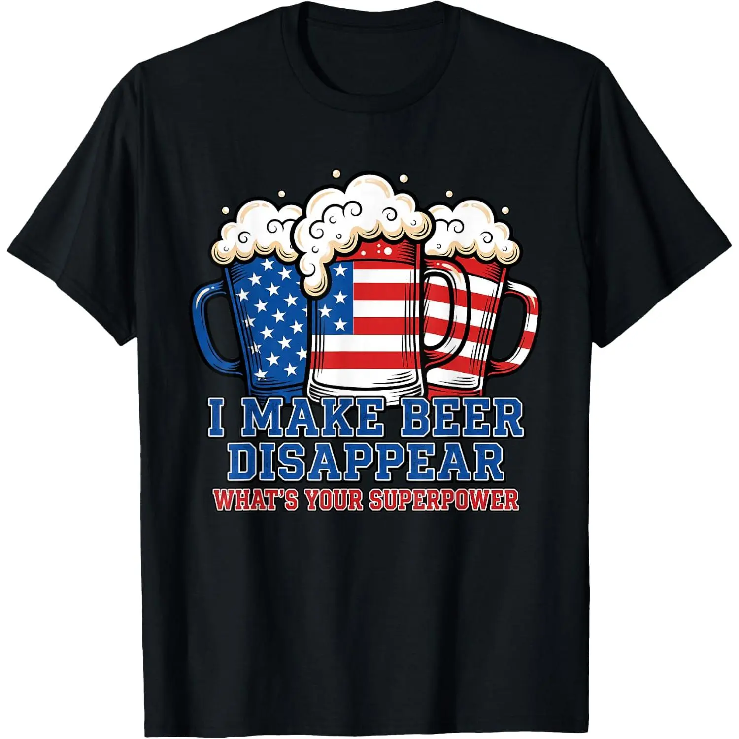 Men's Classic Short-Sleeve Crewneck T-Shirt - Menswear Streetwear, Funny "I Make Beer Disappear" Quote, American Flag Graphic, Quality Fabric