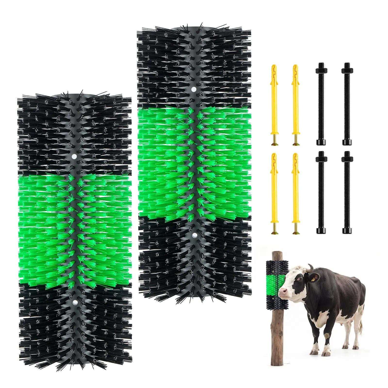 VEVOR Livestock Scratching Brush, 2PCS Goat Scratcher Brush Post with 8 Screws, 16.9" x 7.5" Cow Scratcher for Back Itch Relief, Massage Grooming Scratch Tool for Horse Cattle Sheep Pig, Green Black