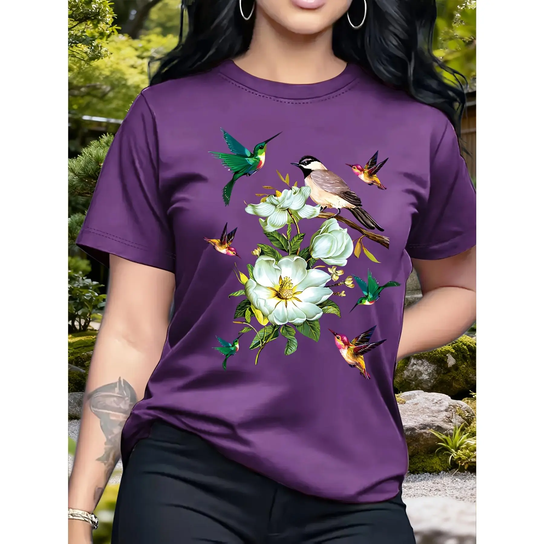 [Birthday Gift] Round Neck Short Sleeve T-Shirt With Birds And Flowers Pattern, Casual Fashion Top For Women, Birthday Gift, Suitable For Outdoor And Indoor Wear, Lightweight And Soft Fabric, Sweet, Lovely, Elegant, Stylish, Beautiful