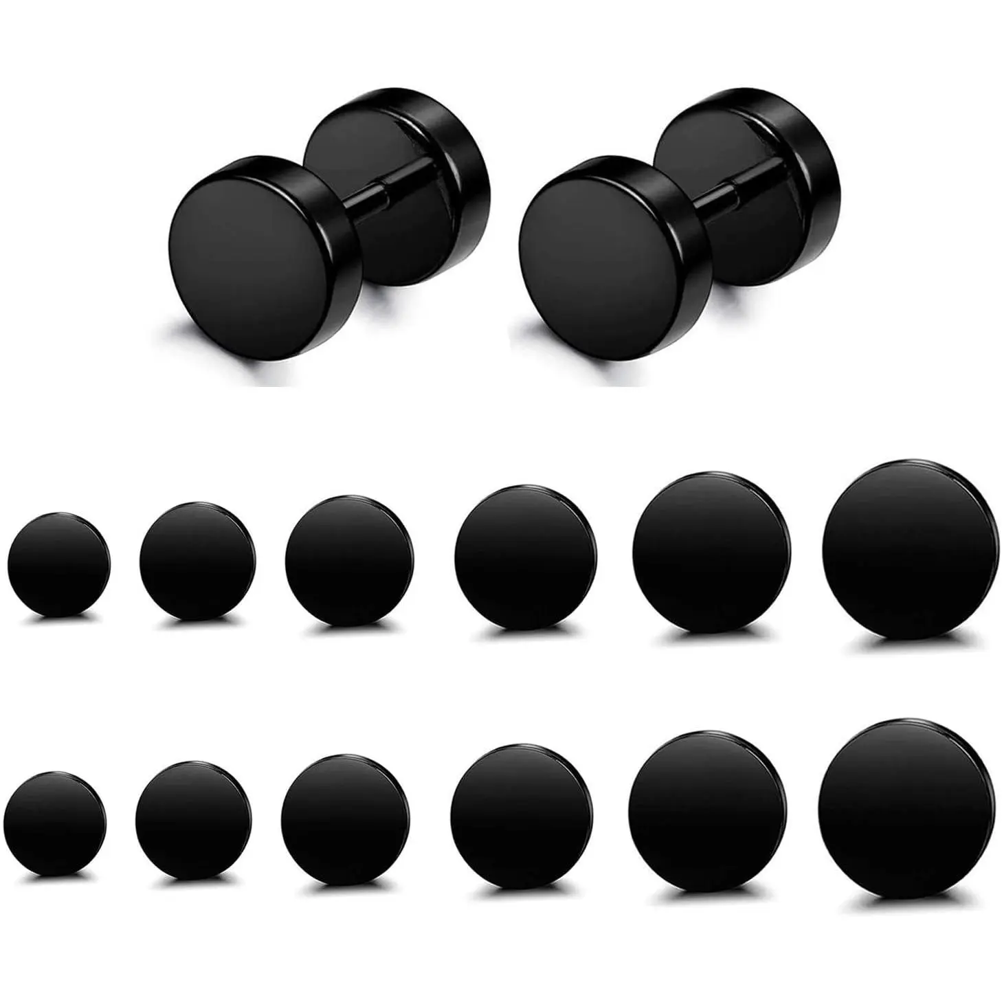 6 Pairs Stainless  Black Stud Earrings for Men Women Faux Gauges Ear Tunnel  Gauge Earrings 3-8mm