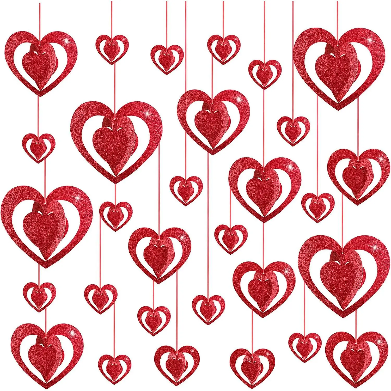32 count Valentine's Hearts  Foil Decoration-  Red  Glitter Heart Garland Ornament- Swirl Heart Ceiling Ornaments for Valentines, Wedding, Engagement, Anniversary Party Decor