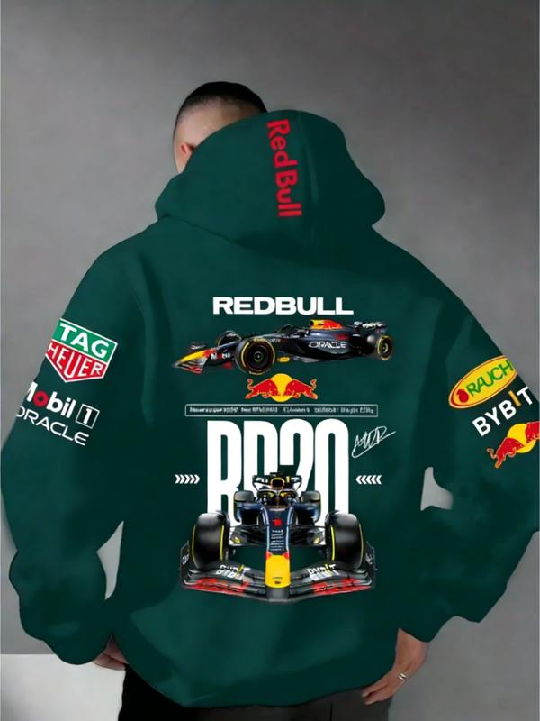 Men's Hooded Sweatshirt F1 Racing Team Collaboration Print Design, Cotton Fleece Material, Loose Fit Mid-Length, and ' Bull Rb20' Racing Theme Men's Hooded Sweatshirt F1 Racing Team Collaboration Print Design, Cotton Fleece Material, Loose Fit Mid-Length, and ' Bull Rb20' Racing Theme
