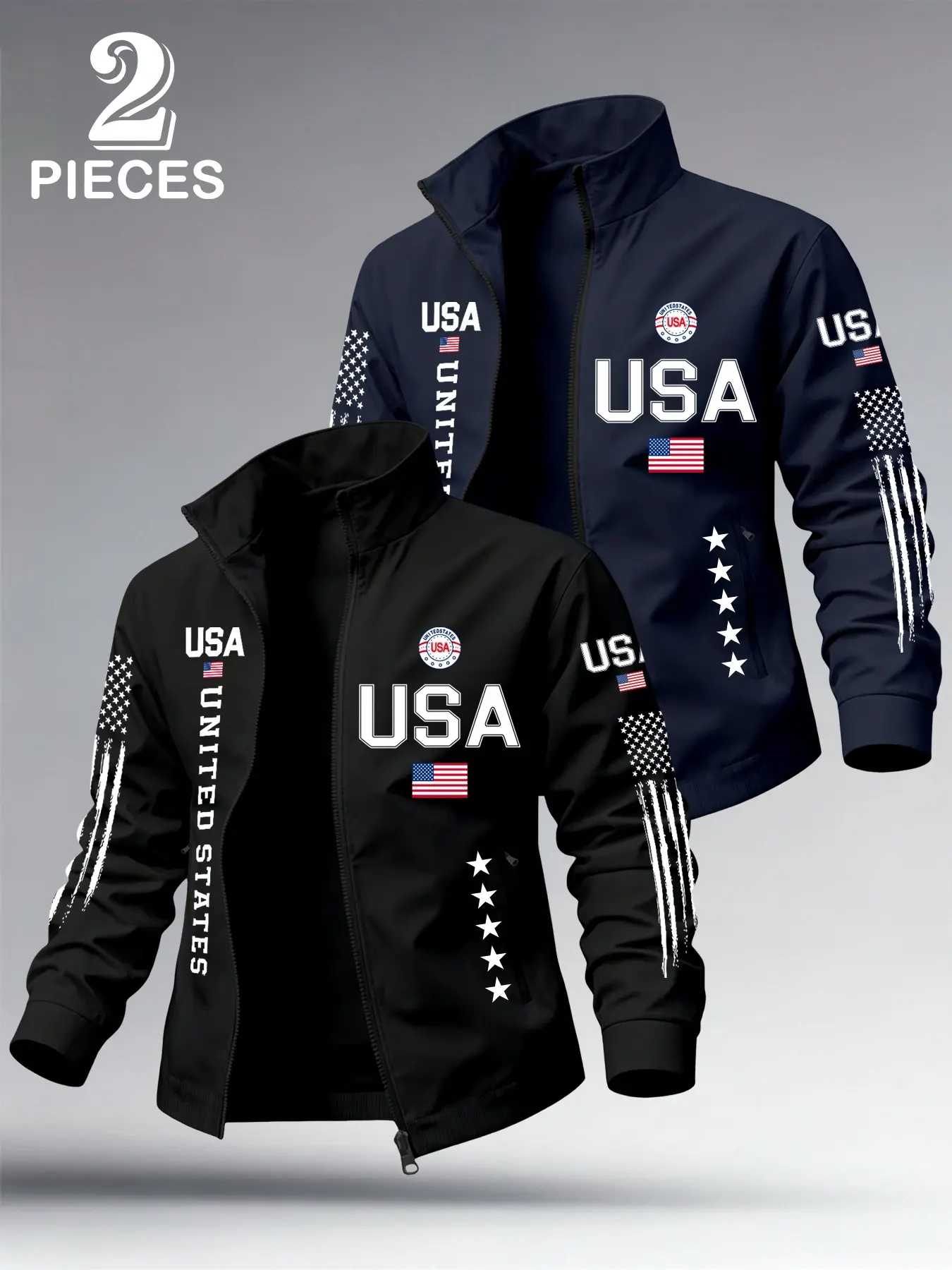 Men's Usa Print Lapel Jacket, Sporty Long Sleeve Outerwear, Fitted Zipper Top, All-Season Youth Fashion, Multi-Color Combo