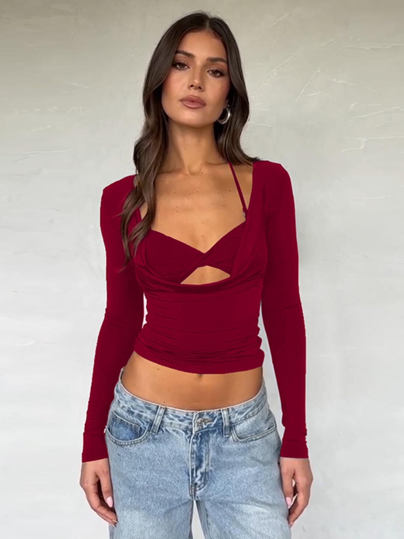 Women's Plain Twist Cut Out Halter Tee, Casual Tie Back Long Sleeve 2 in 1 T-shirt for Spring & Fall, Women's Clothing for Daily Wear, Valentine's Day, Gift, Plunge Neck Top, Lady Crop Top, Womenswear