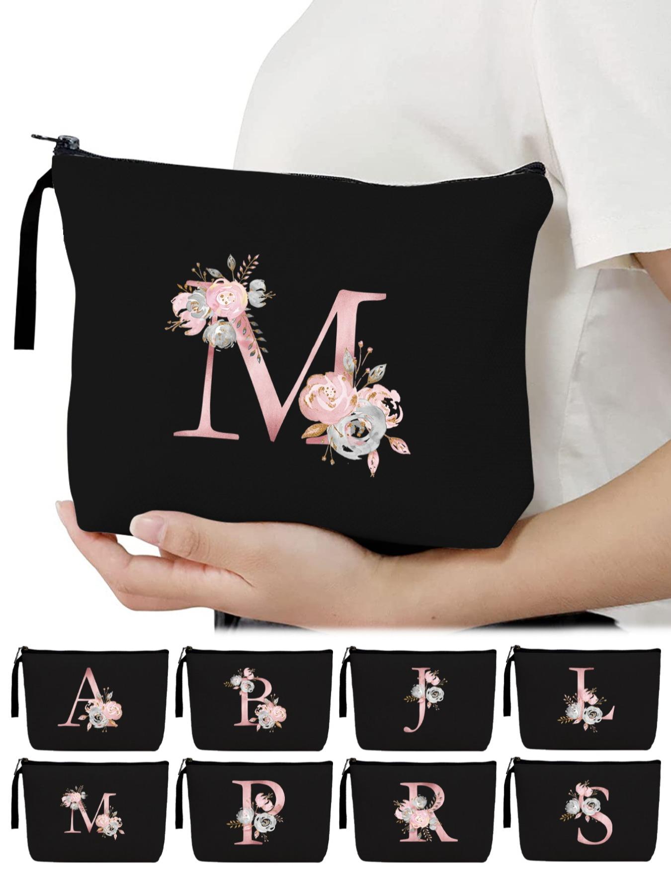 Floral Pattern Portable Makeup Bag, Initial Letter Print Cosmetic Bag, Canvas Cosmetic Organizer Pouch, Makeup Bag for Travel, Travel Essentials, Makeup Storage Bag