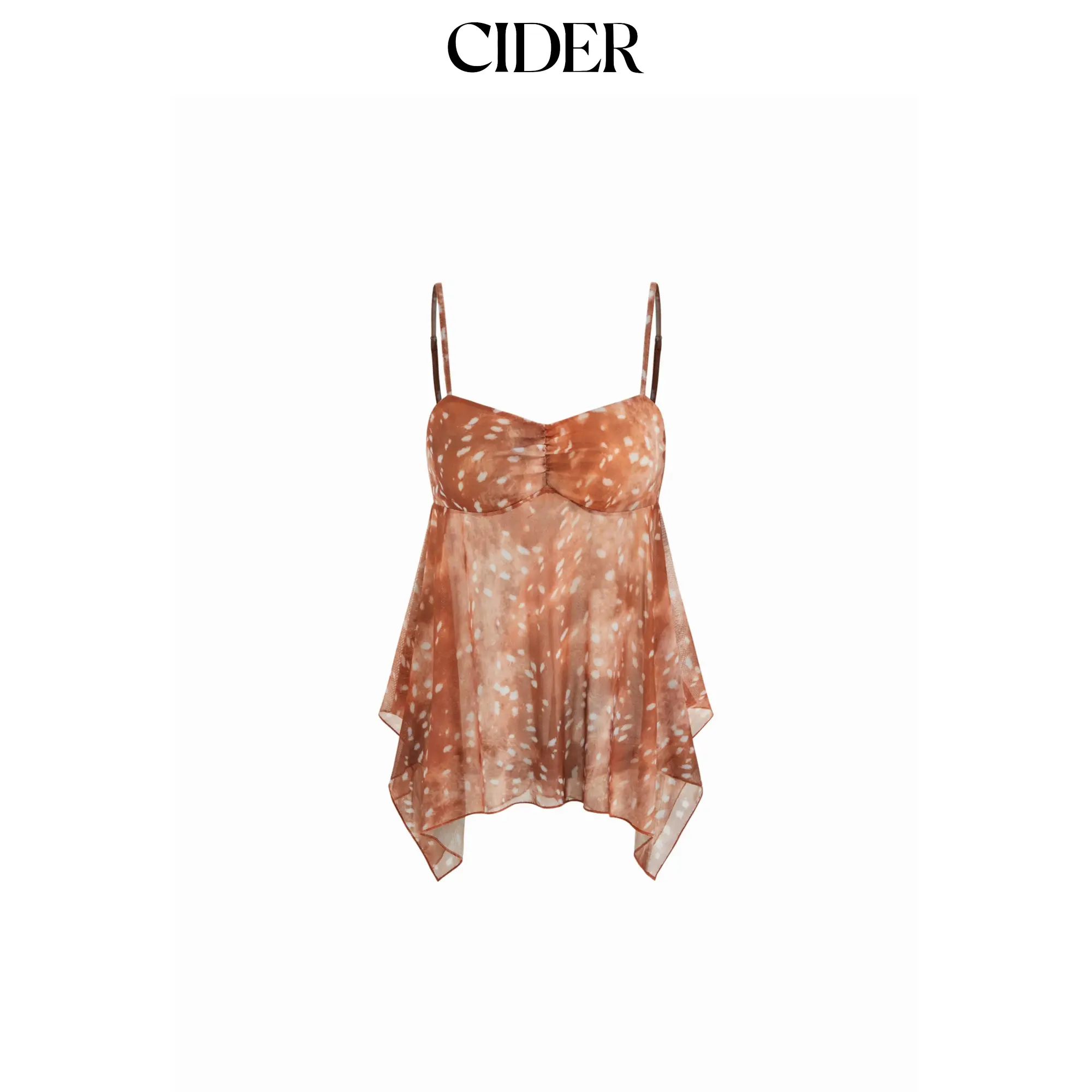 Cider Mesh Deer Print Sweetheart Neck Asymmetrical Hem Ruffle Cami Top