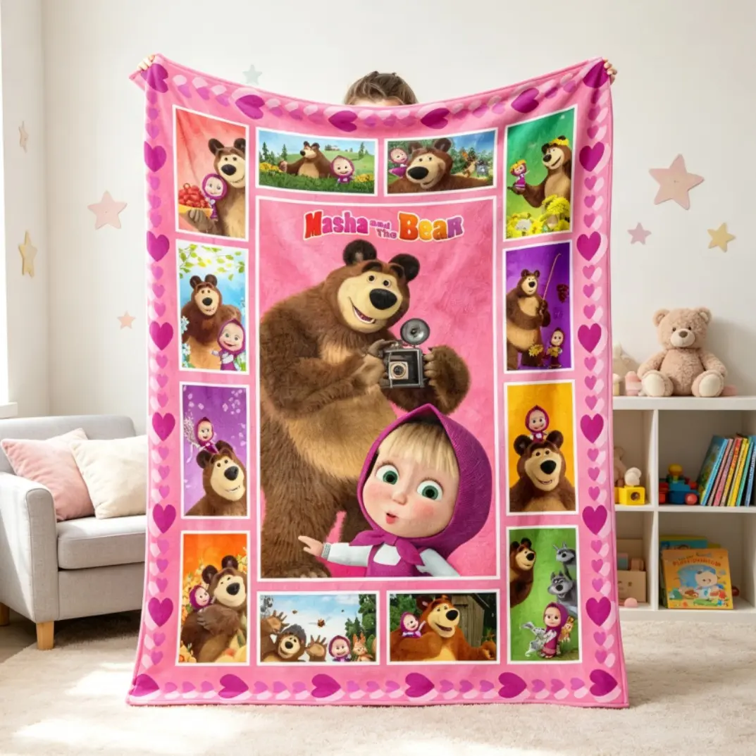 Masha And Bear Blanket Lovely Kawaii Soft Flannel Plush Kids Childhood Throw Blanket, Cozy Warm Cartoon Blanket for Bedroom Nursery Decor, Bedding Gift for Children Adults, Christmas Halloween Birthday Holiday Gift