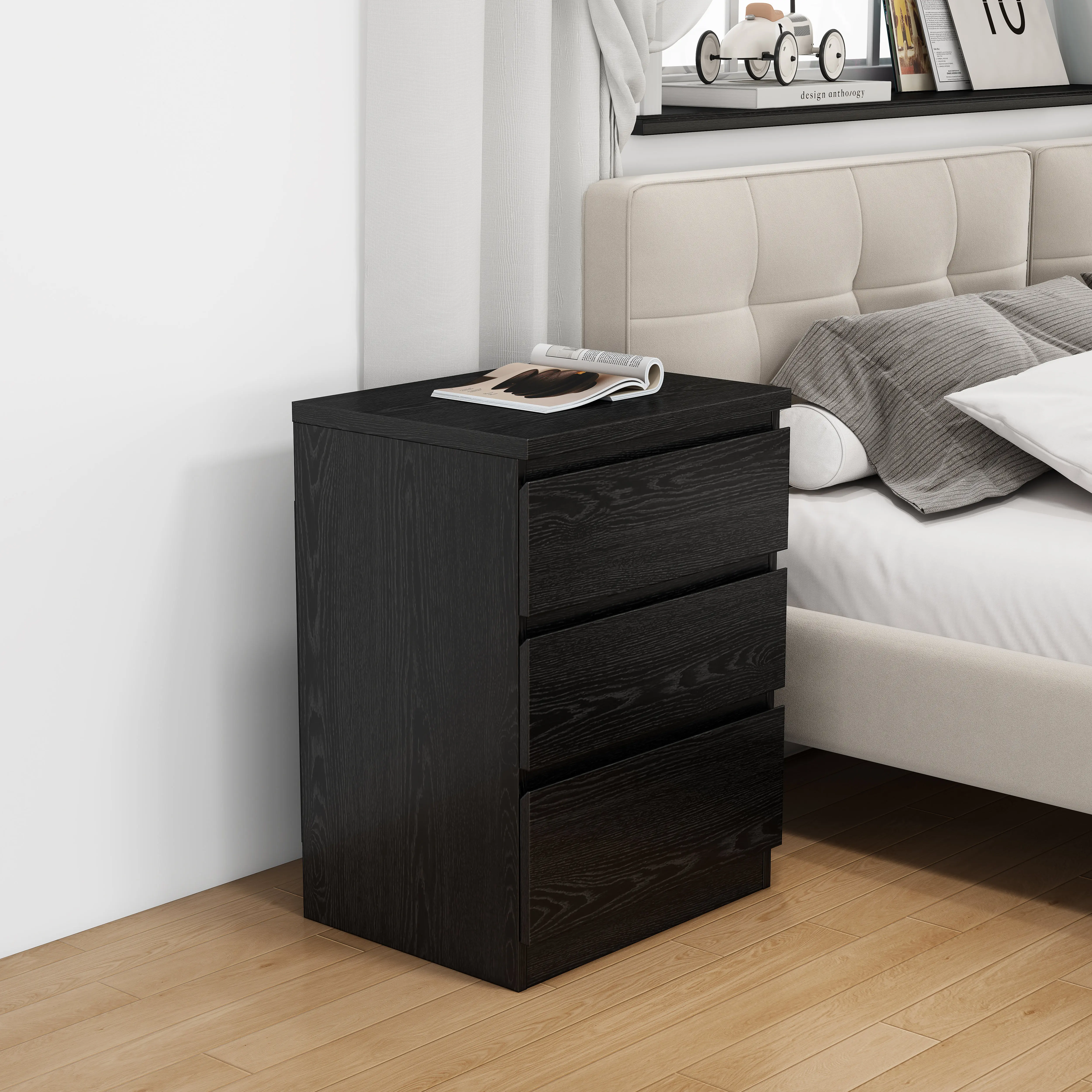 ARCH 19.7-Inch Black Modern Particle Board Nightstand - 3 Drawers, Handle-Free Design, Thick Top Plate - Bedroom Storage Cabinet for Living Room Use, Rectangular