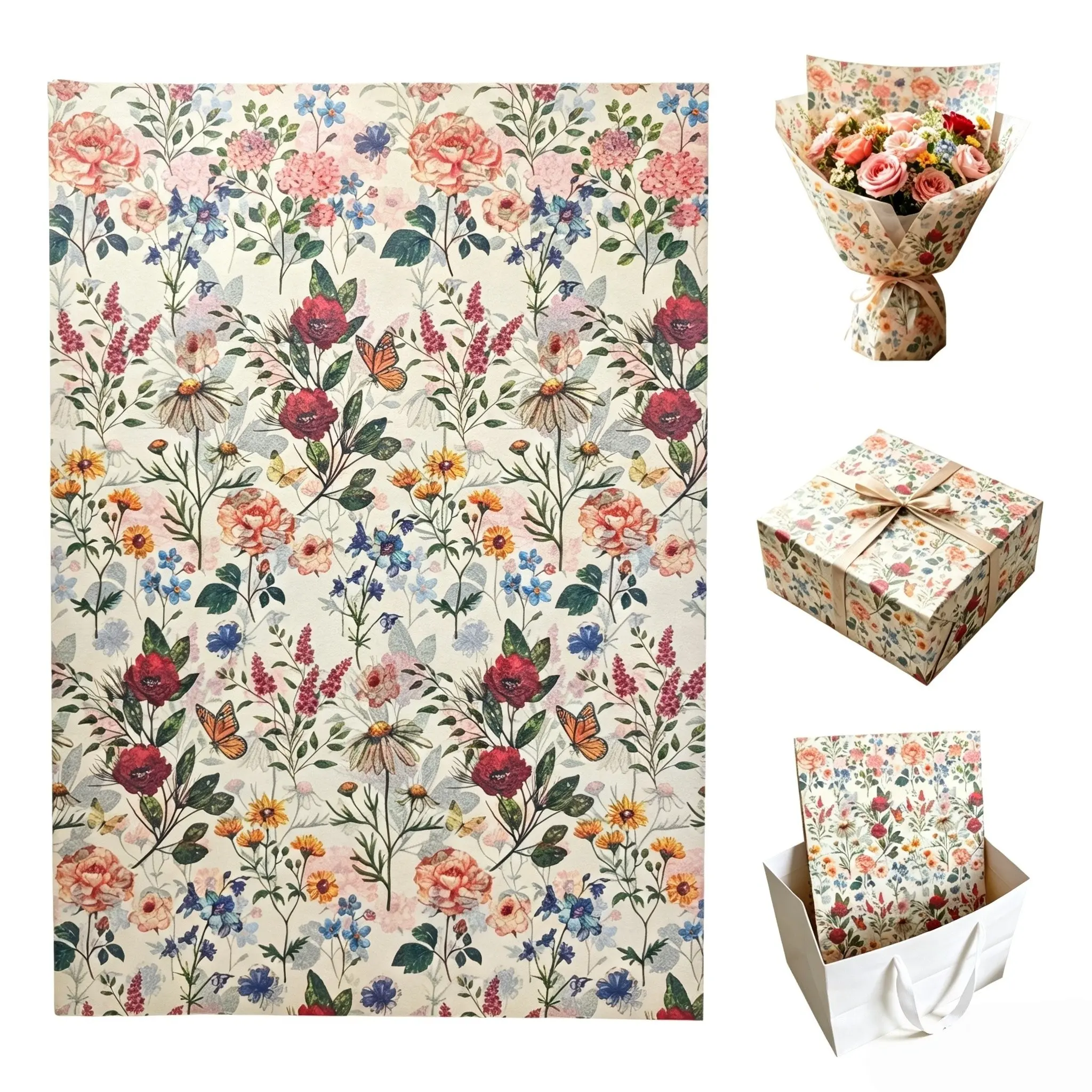 Vintage Rose Butterfly Floral Thin Paper 50x35 Cm, 15/60 Sheets Gift Wrapping Paper, Decorate Your Gifts for Praise