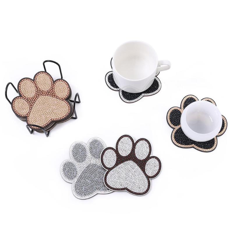 10 Irregular Dog Claw Patterned Artificial Diamond Painting Coasters With Stand, Diy Crystal Diamond Art Wooden Coasters For Adults, Decorative Table Mats For Office Home Coffee Table, Handmade Crafts And Practical Daily Supplies Gift