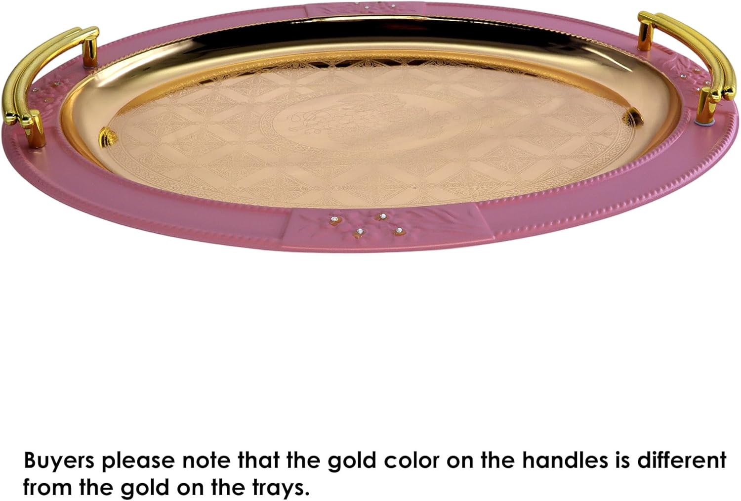 (Pack of 2) 15.2 inch x 11.1 inch Oval Iron Gold Plated Silver Serving Tray with Handles Stylish Design Floral Pink Engraved Edge Party Dessert Buffet Platter Plate NC-051