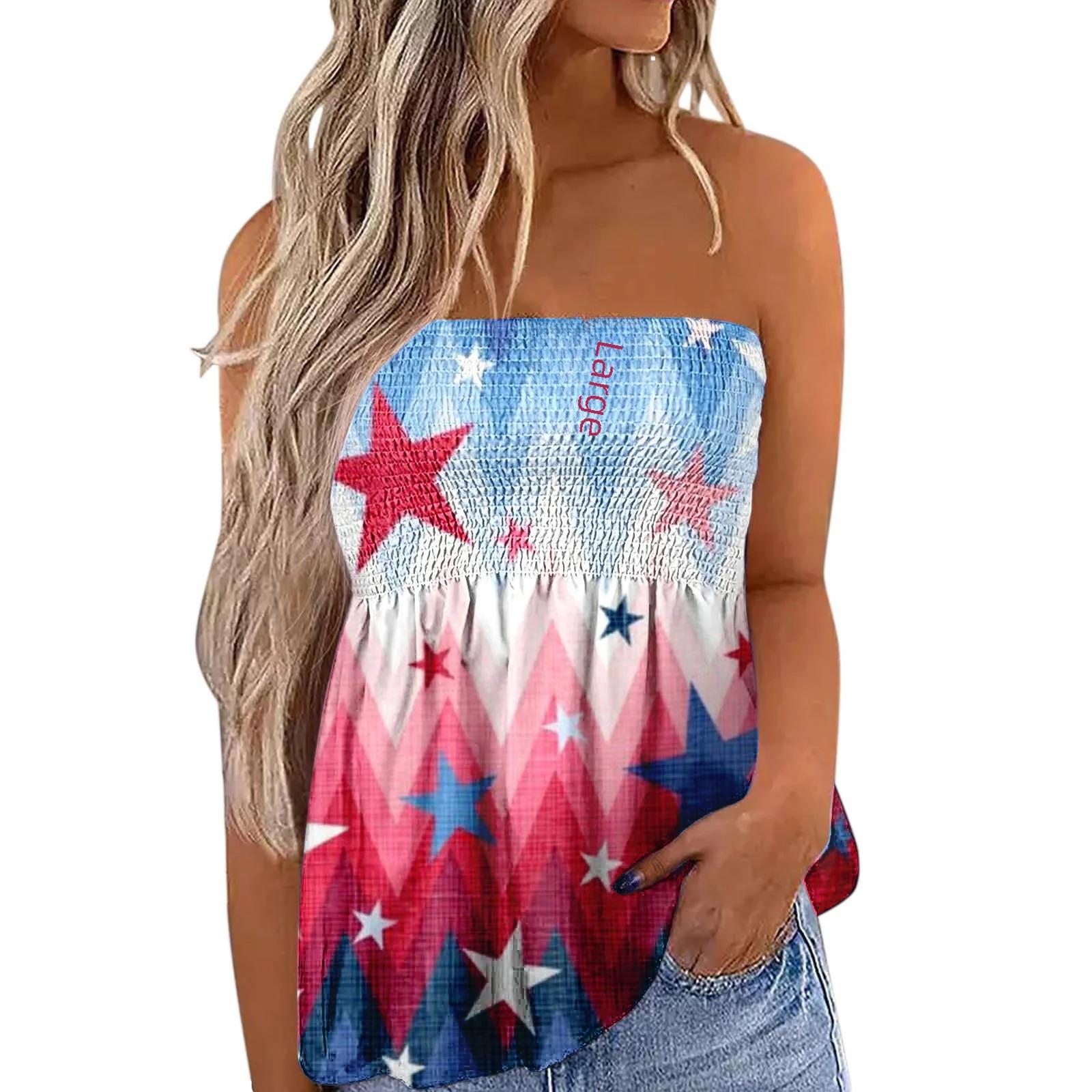 2025 New Women's Fashion Clothing Independence Day Printed Tube Top T-shirt for Women Flowy Strapless Tube Top Blouse